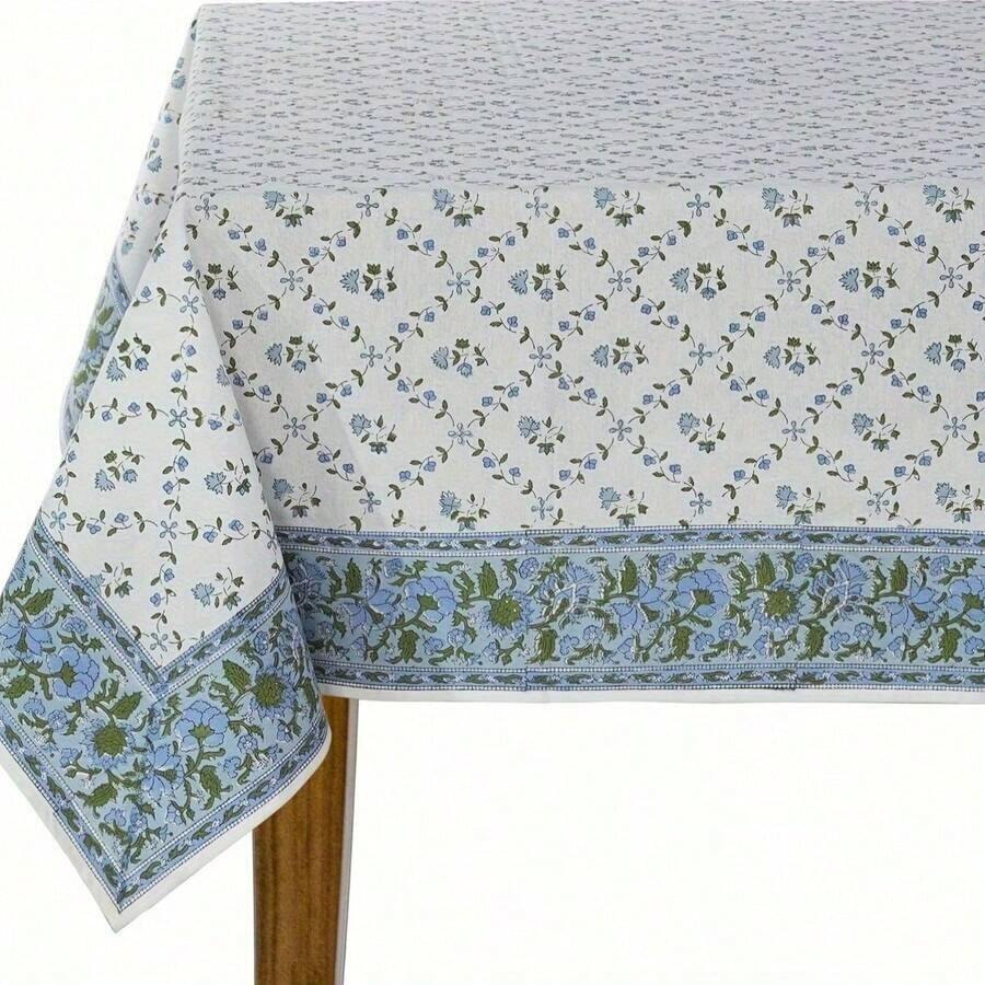 1pc Elegant Floral Tablecloth - Blue & Green Floral Pattern, Rectangular Linen Table Cover For Dining, Kitchen, Parties, Camping - Machine-Made, Multiple Sizes (51x51\/51x70\/56x83\/56x103 Inch), Dining Table Cover |     Floral Table Decor |     Linen Fabric, Table Decorations - Nhiều màu - Xem 1