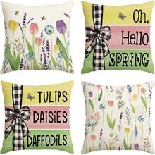 4PCS Oh. Hello Spring Flowers, Bees, Tulips, Daisies, Daffodils, Cozy Home, Pillowcase, Striped, Buffalo Check, Sofa Cushion Cover, Single-Sided, Without Pillow Insert - Multicolor - View 7