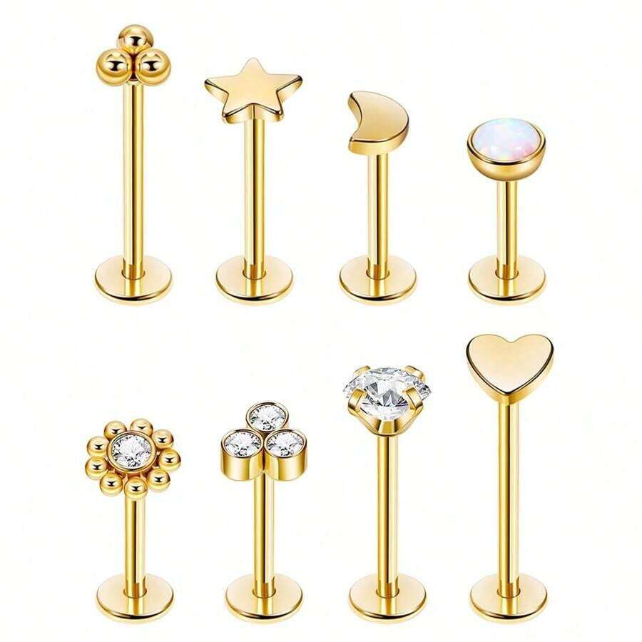 8件套316L不锈钢唇环、平底耳环、耳骨耳环、耳廓耳环，男女通用，尺寸16G、18G、20G - 彩色 - 查看 1