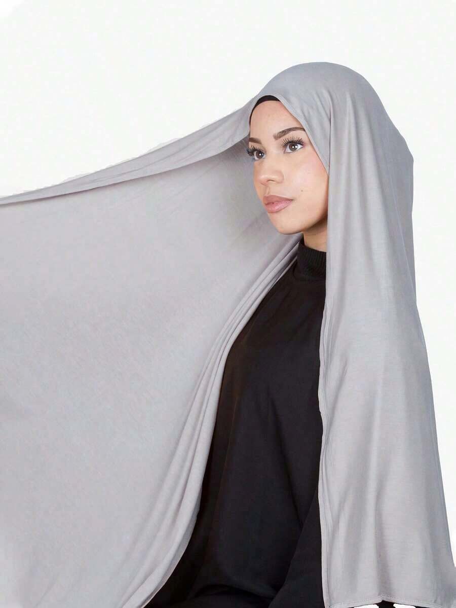 Women Classic Solid Color Long Shawl, Elegant Casual Fringed Scarf, Premium Knitted Modal Jersey Hijab, Turban Style Wrap Suitable Daily Life, Travel And Gatherings Dress - 灰色 - 查看 1
