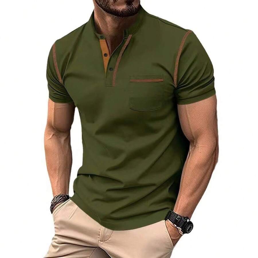 Neu 2026 Herren Kurzarm-T-Shirt Schnelltrocknendes lässiges Henley-Polo im amerikanischen Stil - Armeegrün - Übersicht 1