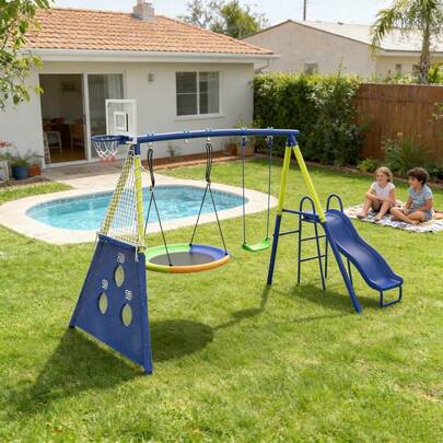 Swing Sets For Backyard, Heavy-Duty Swing And Slide Set, 440lbs 5 In 1 Outdoor Swing Set With Slide, Saucer Swing, Swing Seat, Soccer Goals And Basketball Hoop, Outdoor Playset Suitable For Kids,Yellow,Blue