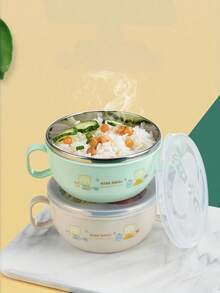 1个/卡通婴儿喂食碗，水果泥碗/材质：PP+不锈钢，双层设计/包含勺子和密封盖，两侧仿生手柄方便宝宝抓握。最大容量：300毫升 - 7710-輔食碗 - 查看 2