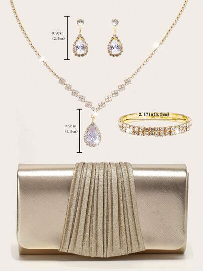 4pcs Jewelry Set, Shiny Necklace, Earrings & Bracelet Combo, Women's Evening Clutch, Flap Elegant Handbag, Romantic Wedding Style Bridal Bag, Formal Dance Party Clutch, Elegant Evening Gown Purse, Perfect For Party, Wedding, Prom, Banquet