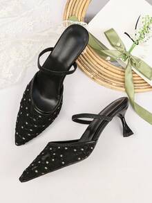 女士法式雏菊网眼凉拖鞋，尖头细跟单带柔美穆勒鞋，夏季新品 - 黑色 - 查看 2