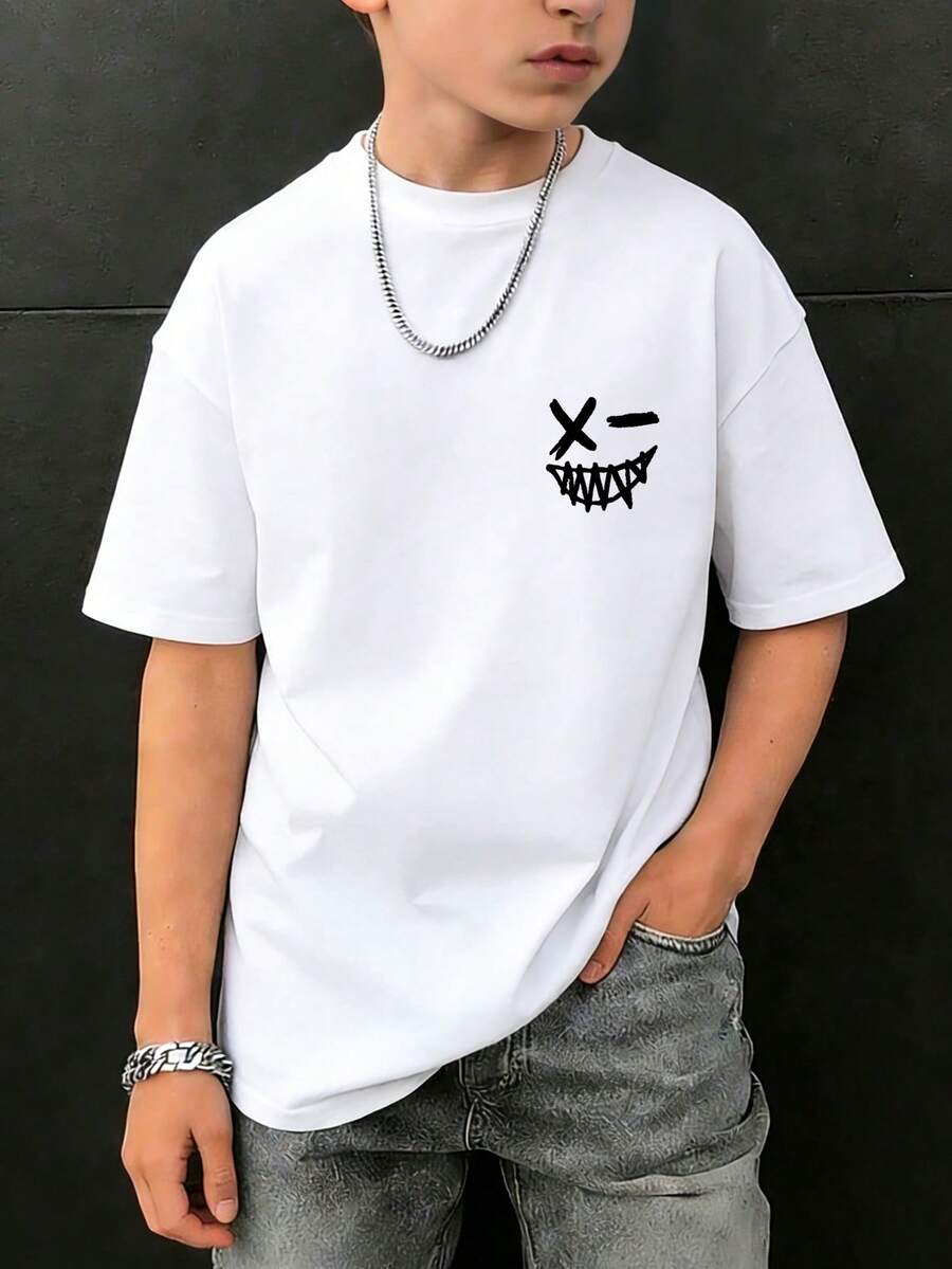 1件装青少年男童人像印花短袖T恤，青少年学生休闲装，青少年男童夏季上衣 - 白色 - 查看 1
