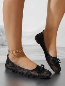 Black Lace Rose Mary Jane Shoes, Square Toe Pearl Buckle Flat Shoes, Breathable Commuter Shoes For Summer - Black - View 1