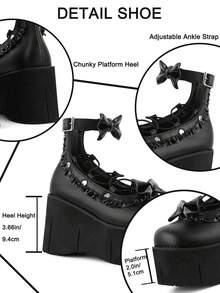 Gothic Women Mary Jane Pumps Bow Lace-Up Ankle Srtap Buckle Frilled Platform Wedge Heel Shoes Punk Y2K Cosplay Lolita Style Dress Party Shoes - 黑色 - 查看 8