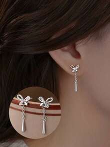 Of Stylish And Elegant Bow Tassel Drop Sterling Silver Earrings For Women, Cute Earrings, Exquisite Jewelry, Birthday Gifts, Daily Wear - 銀色 - 查看 4