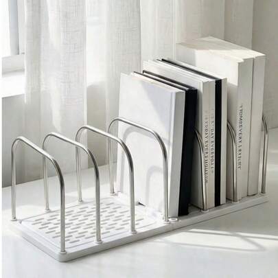 1pc Metal + PP Material Desktop Bookshelf | Non-Slip Base + Adjustable Dividers Vertical Separation Small Book Stand | Modern Minimalist Office Desk Storage Rack | Mail File Organizer | Student Dorm Desk Storage Shelf | Home Stationery/Cosmetics/Book Organizer