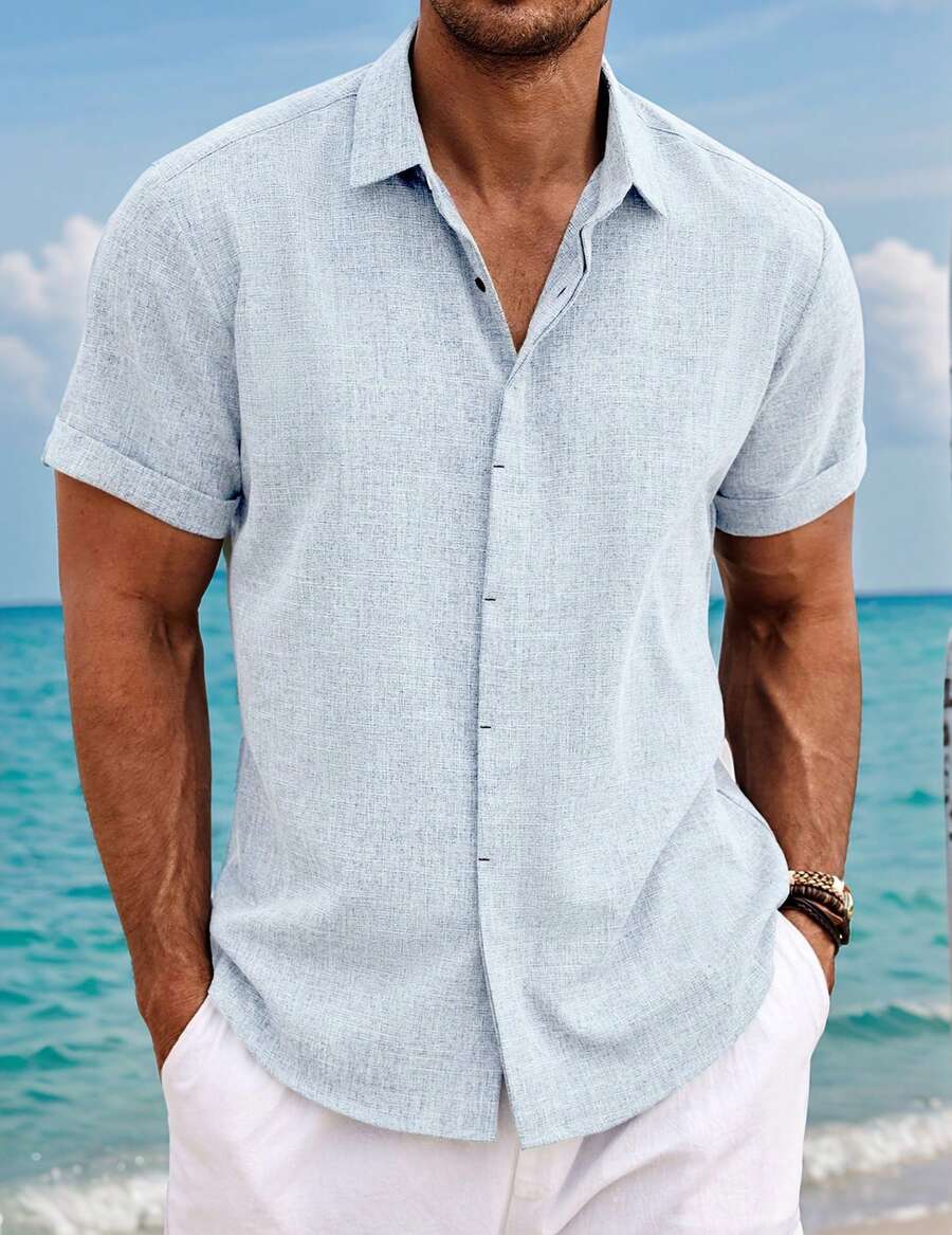 Mens Short Sleeve Linen Shirts Button Down Casual Summer Beach Tops For Daily Commute - màu xanh nhạt - Xem 1