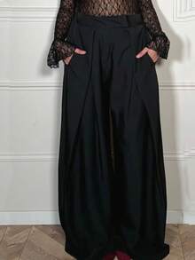 女士阔腿裤 高腰宽松长裤 春夏商务休闲办公装 黑色褶皱优雅外出商务职业女士长裤 - 黑色 - 查看 4