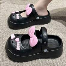 女士防滑厚底花朵蝴蝶结爱心装饰粉色韩版夏季凉鞋 - 黑色 - 查看 8
