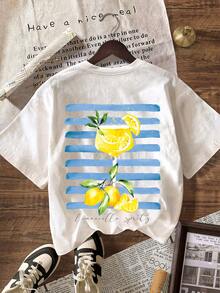 Camiseta gráfica de rayas de limón Limoncello, camiseta casual de mujer de cuello redondo y manga corta, verano, playa - Multicolor - Ver 3