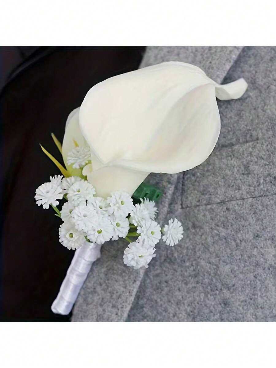 1朵白色马蹄莲胸花,婚礼新郎新娘腕花,伴娘手腕花,婚礼派对装饰,人造马蹄莲装饰,适合婚礼和节日 - 多款 - 查看 1