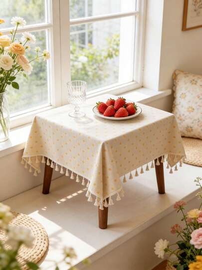 1 pieza Mantel rectangular rústico con margaritas amarillas, con decoración de borlas beige, lavable y portátil, adecuado para dormitorio, sala de estar, estudio, picnic, camping, decoración al aire libre, primavera/verano, todo el año