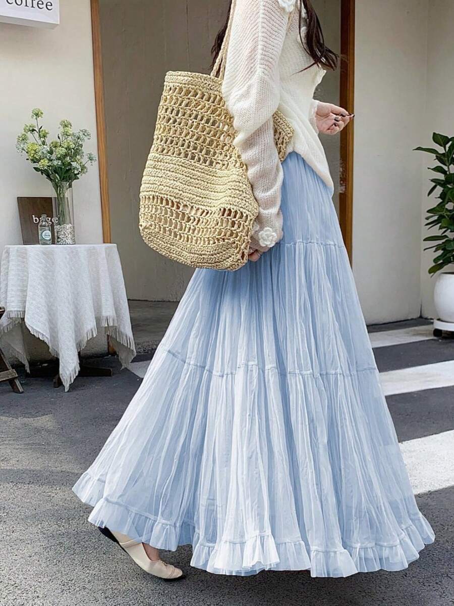 2026春夏新款女士柔美雪纺拼接褶裥A字裙，松紧腰荷叶边飘逸长裙 - 藍色 - 查看 1