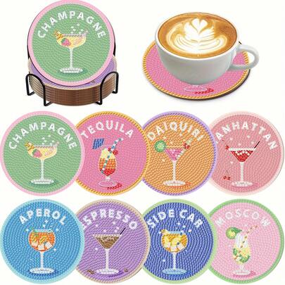 8pcs Cocktail DIY Diamond Painting Coaster Set, Round Bright Diamond Surface, Firmly Adhesive With Full Tools, Easy For Beginners Stress Relief Handmade, New Year, Valentine's Day, Christmas, Teacher's Day Gift, Home Decor Tabletop Coasters, Gift For Family, Friends, Girlfriend, Teacher