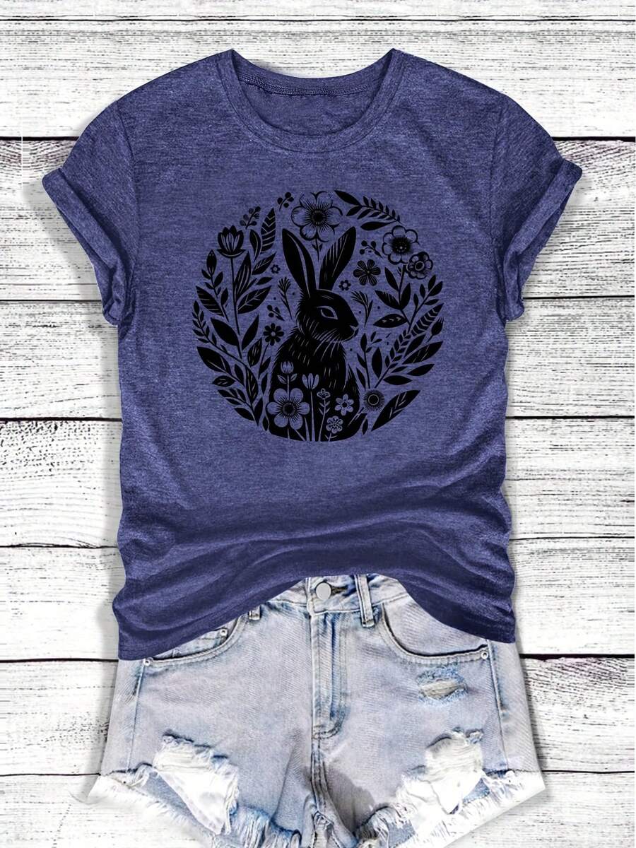 Serie de Pascua: Conejito bajo silueta negra - Camiseta deportiva casual de estilo retro y a la moda para primavera, verano, otoño e invierno - Camiseta de manga corta con cuello redondo XIA4 - azul real - Ver 1