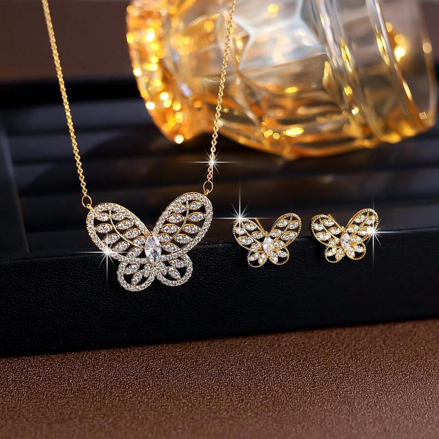 2 peças/Conjunto Romântico Gracioso Colar Pingente e Brincos Conjunto com Borboleta Oca Incrustada de Zircônia Cúbica, Adequado para Uso Diário, Presente para Amigos - Conjunto de três peças colar + brincos - Visão 1