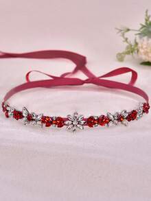 1pc Burgundy Rhinestone Wedding Dress Belt, Women's Dress Waist Accessory, Red Ribbon Decoration Suitable For Cocktail Party, Christmas Theme Party Evening Dress Belt - Red Ribbon - View 5