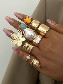 20/7件套时尚简约优雅精致复古几何花结仿珍珠仿宝石闪亮不规则纹理褶皱编织交叉镂空设计多层光滑极简金属夸张宽大戒指套装，适合节日、派对、约会、日常佩戴、礼品 - 金黃色 - 查看 4