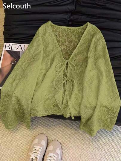 Selcouth Plus Size Women Solid Color Casual V-Neck Long Sleeve Tie Front Shirt, Floral Jacquard Textured Long Sleeve Fitted Top, Fall Outerwear Tops For Women Spring