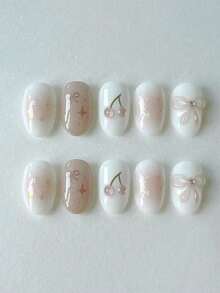 10Pcs Handmade Press-On Nails, Short Oval Shape. Pink Gradient On White Base Decorated With 3D Bows And Cherries. Sweet & Simple Style For All Seasons. Fit Daily Wear, Parties, Great Gifts For Girls And Women. - Pink - View 1