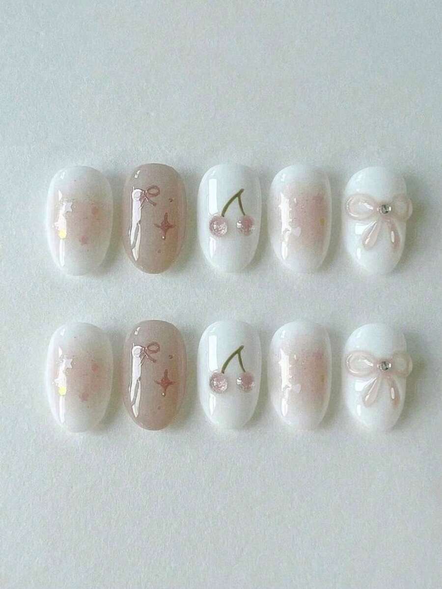10Pcs Handmade Press-On Nails, Short Oval Shape. Pink Gradient On White Base Decorated With 3D Bows And Cherries. Sweet & Simple Style For All Seasons. Fit Daily Wear, Parties, Great Gifts For Girls And Women. - Pink - View 1