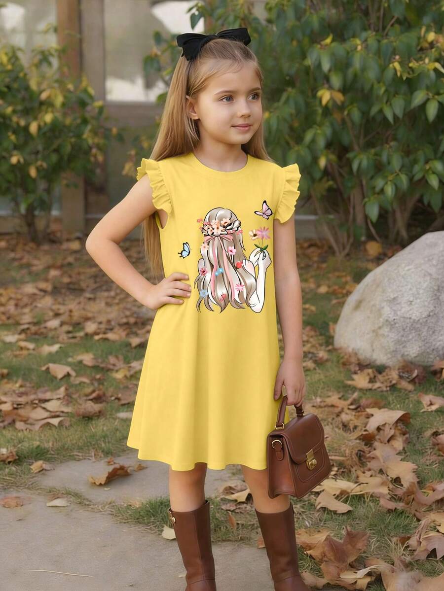 This Round Neck Short Sleeve Dress Features Fairy And Butterfly Print Design, Comfortable And Fashionable, Suitable For Summer Casual Wear - Yellow - View 1