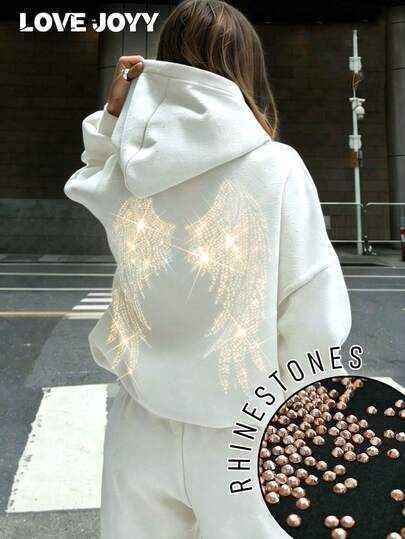 LOVE JOYY Oversized Long Sleeve Sweatshirt For Women, Angel Wing Rhinestone Decor, Spring Kangaroo Pocket Hooded Pullover, Streetwear