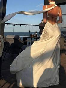 优雅露背休闲性感约会度假婚礼雪纺吊带连衣裙，适合婚礼、度假、夏季、婚宴等场合 - 杏色 - 查看 4