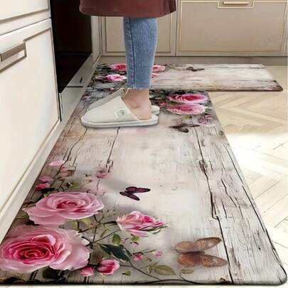 [Rectangular Anti-Fatigue Comfort Mat] Floral Anti-Fatigue Comfort Kitchen Mat - Rectangular Non-Slip Polyester Carpet, Suitable For Office, Entrance, Living Room, Bedroom, Laundry Room - Machine Washable Indoor Doormat With PVC Backing