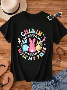 Chillin With My Easter Bunny T Shirt Fun Spring Graphic Tee For Women Colorful Rabbit Design Casual Fashion Top Haine Vara - Black - View 3