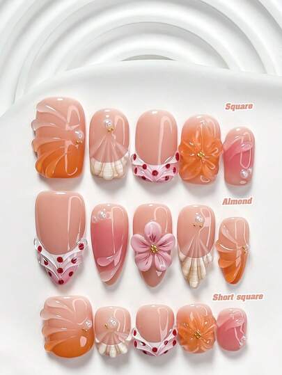 10 piezas Juego de arte de uñas de estilo dulce y femenino, accesorios de arte de uñas de perlas doradas, decoraciones de arte de uñas de flores de cinco pétalos hechas a mano, esmalte de uñas rosa, naranja, rojo, arte de uñas suave y refinado, incluye herramientas para uñas (1 hoja de pegatinas de gelatina + 1 lima de uñas), 3 tamaños disponibles: uñas cuadradas, uñas cuadradas cortas, uñas de almendra, adecuado para reuniones, uso diario, fiestas, fotografía, primavera-verano, suministros de transporte