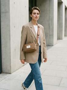 Burberry 1PC Adjustable Strap Mini Tan Leather Crossbody Bag - British Minimalist Style, Logo Label Detail, Compact Camera Bag Shape, Versatile Bag For Office Commute & Weekend Outings - Brown - View 5