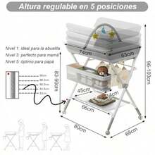 Mueble Cambiador para Bebe Impermeable Portátil Plegable Cambiador de Pañales para Bebe Con 5 niveles de ajuste de altura con Alenamiento XXL Portajuguetes Integrado Ruedas Silenciosas. - Gris - Ver 3