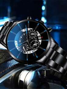 4PCS/Set Minimalist Men's Casual Business Stainless Steel Band Watch, Fashionable Quartz Watch With Calendar, Circular Dial With Scale, Stylish Jewelry Set, Suitable For Daily Commuting Wearing And Best Birthday Gift - Black - View 3