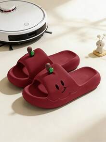 可爱苹果造型女士厚底EVA防滑软拖鞋，趣味卡通笑脸沙滩浴室卧室家居拖鞋，男女皆宜，新颖有趣的礼物 - 紅色 - 查看 1