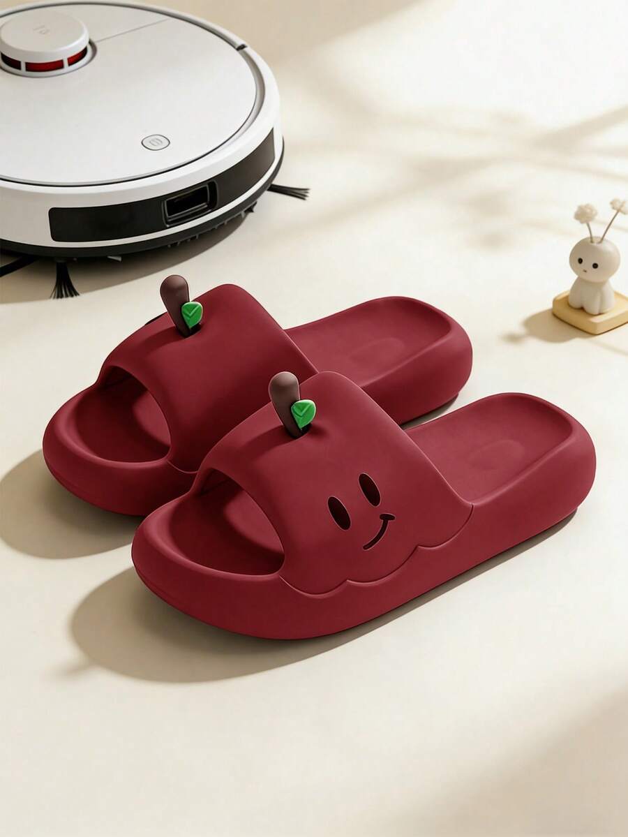 可爱苹果造型女士厚底EVA防滑软拖鞋，趣味卡通笑脸沙滩浴室卧室家居拖鞋，男女皆宜，新颖有趣的礼物 - 紅色 - 查看 1