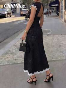 女士黑色波点蕾丝边露背修身中长连衣裙，轻盈飘逸，优雅休闲夏季派对连衣裙，适合夜店、婚礼、约会等场合 - 黑色 - 查看 2