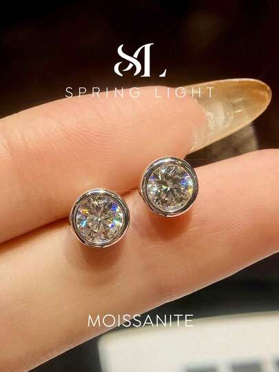 1 Pair 0.5-1 Carat Round Moissanite Stud Earrings, S925 Sterling Silver, Minimalist Elegant Earrings For Women, Delicate Jewelry Gift Suitable For Christmas And Dates