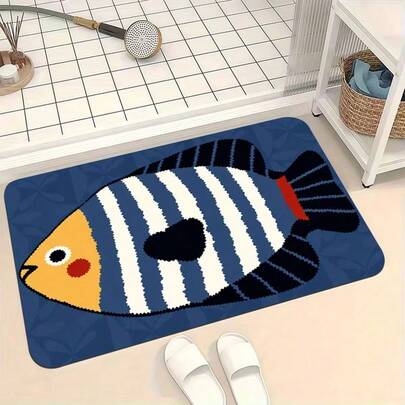 1 pieza Alfombra de baño de gel de sílice con diseño de pez rayado, alfombra de baño, felpudo, alfombra pequeña, alfombra decorativa, alfombra de exterior, alfombra de dormitorio, alfombra lavable