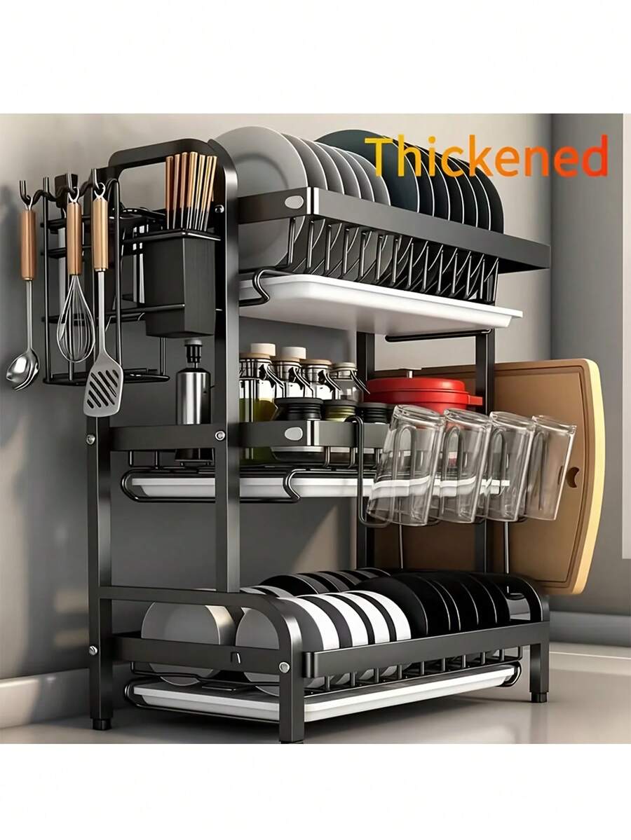 3-Tier Dish Rack,Kitchen Countertop Cutlery Rack Space-Saving Kitchen Storage Rack, Large-Capacity Drain Rack With Drain Trays For Quick Drainage, Easy To Assemble, Suitable For Family Kitchens To Store Tableware, Dishes, Knives, A Kitchen Essential.