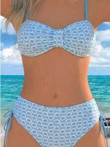 Women's Sunflower Black & White Sexy Spaghetti Strap Backless Bikini Set - Baby Blue - View 4