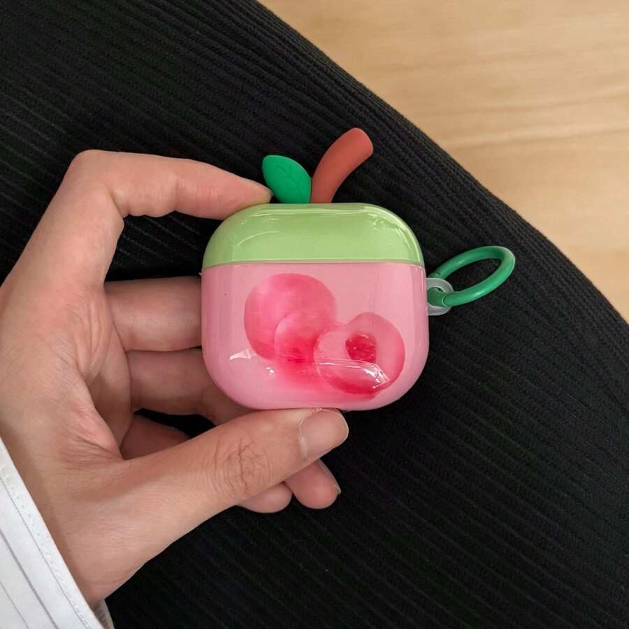 3D Leaf Pink Peach + Circular Ring Earphone Case Compatible With Apple Pro3/Pro2/AirPods4/AirPods3/AirPods2, Fashion Women Earphone Case, Minimalist Earphone Case, Apple Earphone Case, Apple Earphone Cover - Pink - View 1