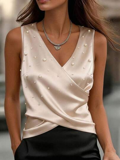 Plus Size Women V-Neck Wrap Irregular Pearl Decor Sleeveless Blouse, Suitable For Daily And Office Wear, Spring/Summer