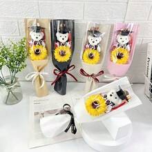 5件套毕业帽小熊金色爱心礼品包装纸花束，人造向日葵花束，毕业派对礼物，送给朋友、同学、女朋友 - 5Pcs - 查看 5