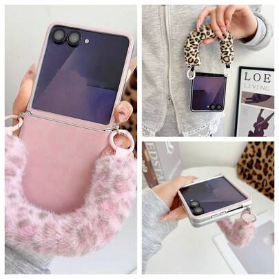 Cheetah,Leopard Print 1pc Leopard Print Fluffy Wrist Strap Soft Phone Case, Fashionable Thin Convenient Shock-Resistant Protective Cover For Samsung Galaxy Z Flip7, Z Flip7FE, Z Flip6, Z Flip5, Suitable For Women