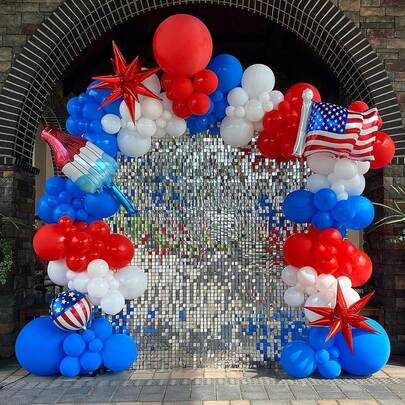 124件套红白蓝气球拱门套装，皇家蓝红白气球组合，不同尺寸，适用于制作气球花环，可用作7月4日美国独立日装饰、独立日主题派对装饰、儿童生日派对用品